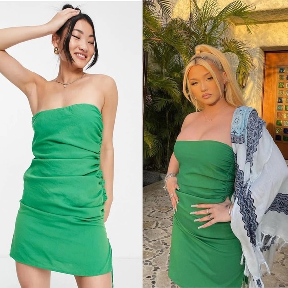 SNDYS X MOLLY KING Green Strapless Ruched Tie Side‎ Slit Sleeveless Mini Dress 6 - Picture 12 of 16